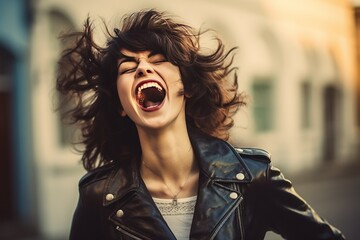 Portrait of a beautiful rocker woman in a black leather jacket on a studio background. Screaming girl isolted exemplifies youthful rebellion, alternative fashion, self-expression. - obrazy, fototapety, plakaty