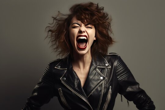 Portrait of a beautiful rocker woman in a black leather jacket on a studio background. Screaming girl isolted exemplifies youthful rebellion, alternative fashion, self-expression.