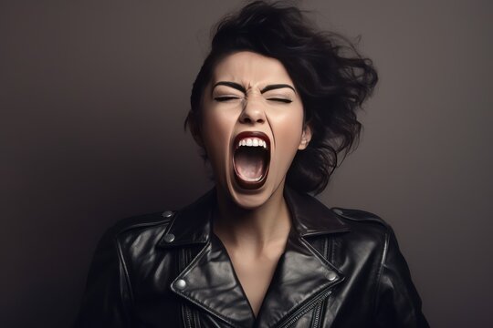 Portrait of a beautiful rocker woman in a black leather jacket on a studio background. Screaming girl isolted exemplifies youthful rebellion, alternative fashion, self-expression.