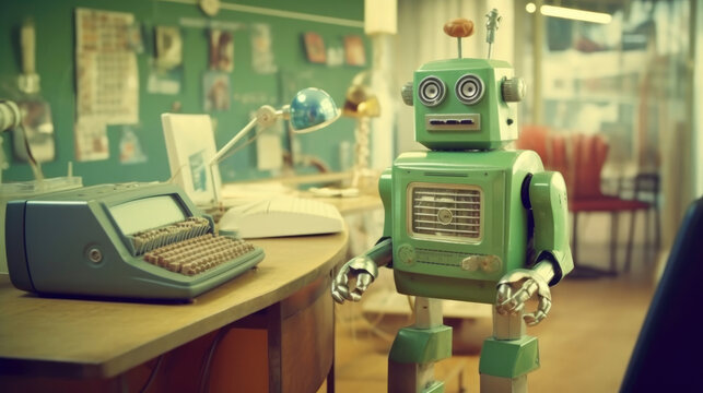 Retro Robot Working with Old Computers