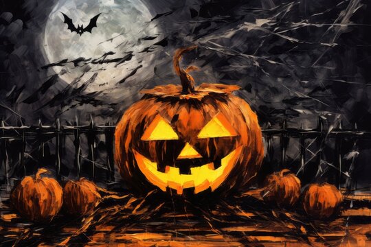 Scary halloween pumpkin at night. Beautiful illustration picture. Generative AI