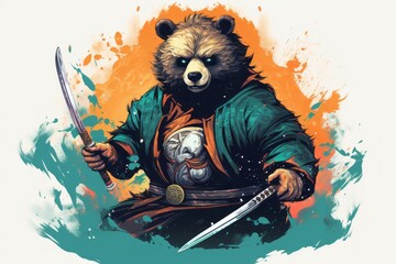 Ninja grizzly bear in watercolor style. Beautiful illustration picture. Generative AI