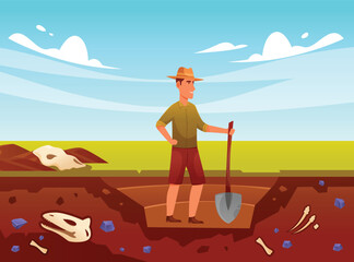 Vector character illustration of a man digging for fossils