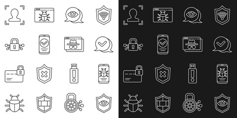 Set line Shield and eye, System bug on mobile, Check mark in speech bubble, Eye scan, Smartphone, Cyber security, Face recognition and Browser incognito window icon. Vector