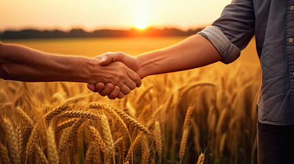 Two Farmers Making an Agreement with a Handshake in a Golden Wheat Field at Sunset. ai generative