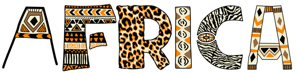 Africa word mark with animal fur and ethnic fabric decoration © PrintingSociety