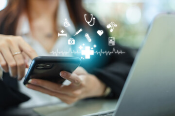 Technology network healthcare concept. Female using smartphone with virtual medical healthcare. Network connection online communication to hospital.