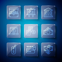 Set line Price tag with dollar, Credit card lock, Stacks paper money cash, Bank building, Paper or financial check, Laptop, Treasure chest and icon. Vector