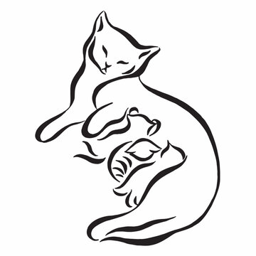 Cat with kittens black and white drawing isolated on white background. illustration of a mother cat nursing kittens. linear drawing. Cats silhouette drawing by hand. Animal vector image. logo. Tattoo.