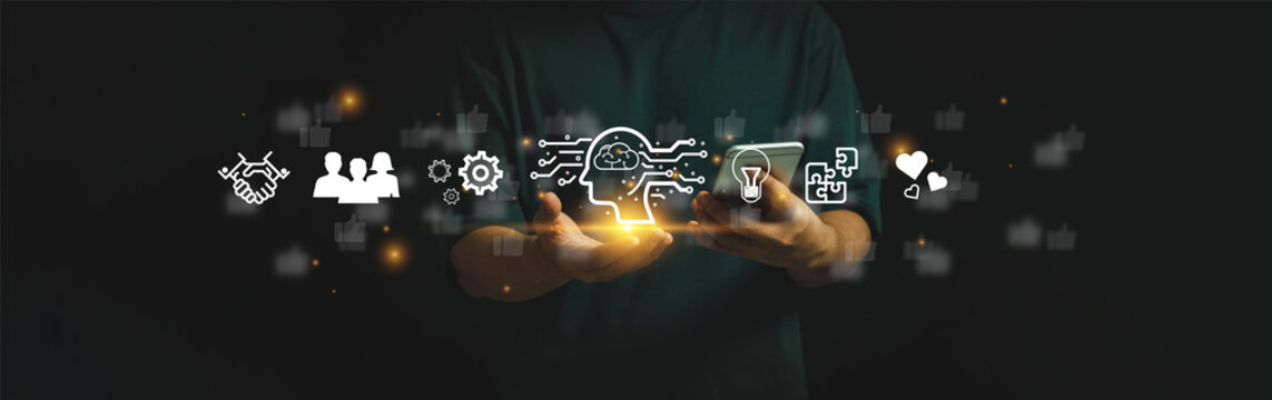 Unlock your potential with emotional intelligence and problem-solving. Embrace collaboration, adaptability & effective communication. Businessman thriving in the digital age.Power of soft skills.