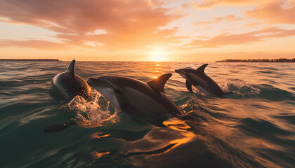 Bottlenose dolphin jumping in ocean at sunset made with Generative AI