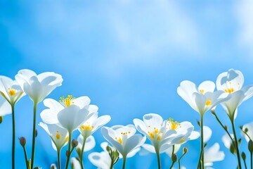 Spring forest white flowers primroses on a beautiful blue macro. Blurred gentle sky-blue scene Floral nature, free space for text. Romantic soft gentle artistic image generative ai technology
