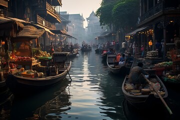 Bustling Indonesian Floating Market, Generative AI