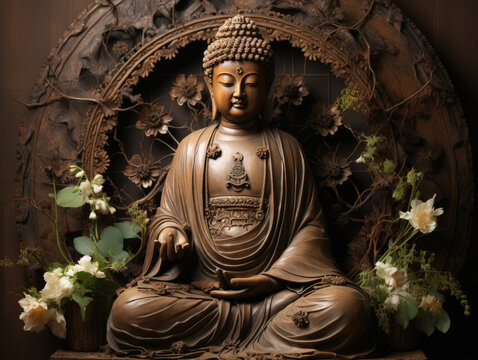 In a vintage photograph, Amitabha Buddha radiates the essence of enlightenment. Generative AI.