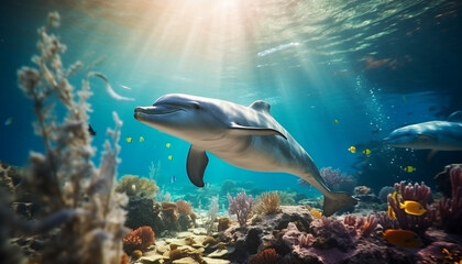 Fototapeta premium underwater world dolphin at the bottom of the ocean close up sunlight shine through water made with Generative AI