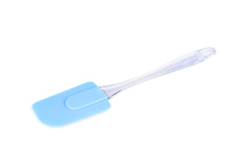 Blue silicone spatula on a white background.