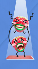 Modern collage of cute smiling strawberries where one lifts other up over blue background with imitation of light. Vertical image.