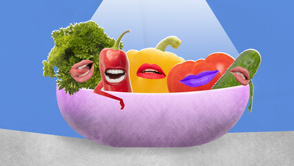 Horizontal art collage of vegetables relaxing in salad bowl over blue background with imitation of...