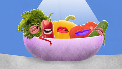 Horizontal art collage of vegetables relaxing in salad bowl over blue background with imitation of light.