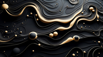 Incredible fantasy black and gold background. Balls, circles, golden drops. The texture of stucco, a wall with curves and inversions of black plastic, and mirror surfaces. AI generation