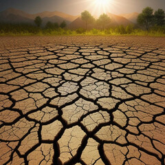 Dry cracked landscape as a result of climate change and rising temperatures.  Generative AI