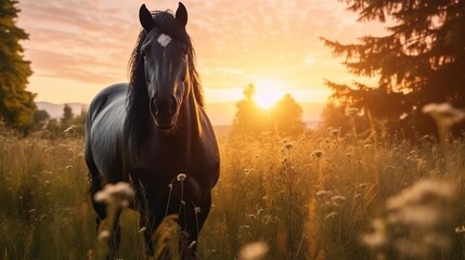 A beautiful view of horse in nature. Generative AI.