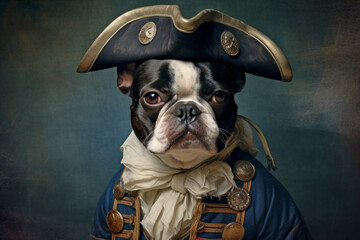 Obraz premium French Bulldog dog wearing pirate hat Halloween costume.