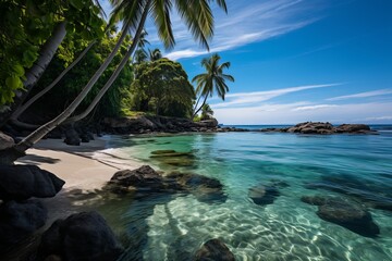 Fototapeta na wymiar Serene Indonesian Beach with Palm Tree, Generative AI