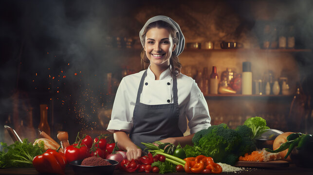 Elegance and Expertise: Captivating Image of a Female Chef in Kitchen, Wearing a Smile, Apron, and Hat, Skillfully Crafting Culinary Delights Amidst Fresh Vegetables and Whiffs of Cooking Smoke