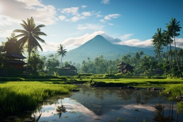 Naklejka premium Serene Indonesian Rice Paddy Field, Generative AI