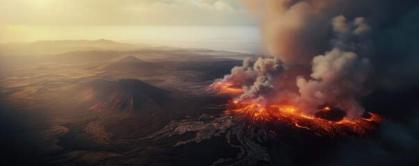 Active vulcano outbreak lava in big shaped mountains, fog all around, close upon  lava, panorama. - obrazy, fototapety, plakaty