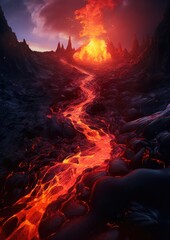 Fototapeta premium Active vulcano outbreak lava in big shaped mountains, fog all around, close up on lava.