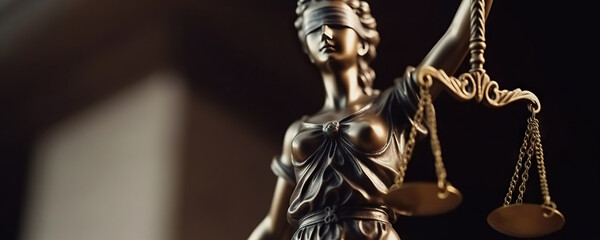 Bronze statue of Themis, Goddess of Justice holding Law Scales. Copy space
