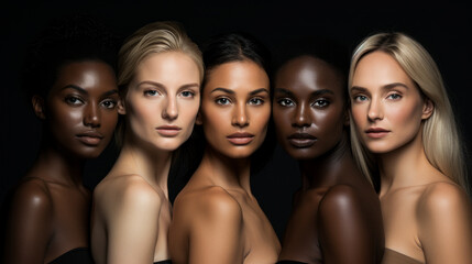 Obraz premium Women with different skin colors, standing next to each other, very close. Portraits. AI generation.