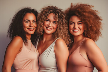 Three woman middle plus size curly woman standing in a studio wearing fitness clothing, ai generative