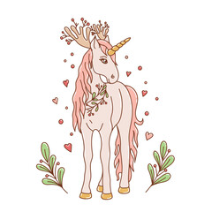 unicorn with horns, branches, berries and hearts