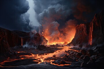 Fototapeta premium Active vulcano outbreak lava in big shaped mountains, fog all around, close up on lava.