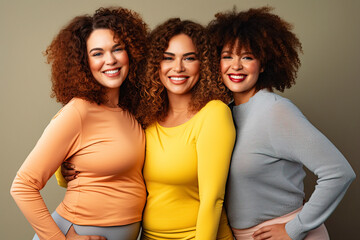 Three woman middle plus size curly woman standing in a studio wearing fitness clothing, ai generative