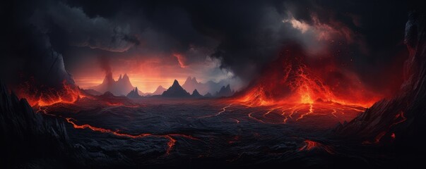 Active vulcano outbreak lava in big shaped mountains, fog all around, close upon  lava, panorama.