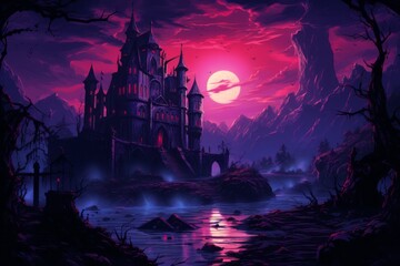 Fototapeta premium Synthwave gothic village at medieval times. Beautiful illustration picture. Generative AI