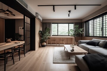 Fototapeta na wymiar Modern apartment with elegant interior design, stylish furniture, cozy sofa, wooden coffee table and trendy decor.