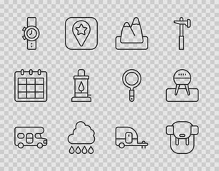 Set line RV motorhome vehicle, Hiking backpack, Mountains, Cloud with rain, Wrist watch, Camping lantern, Rv trailer and Barbecue grill icon. Vector