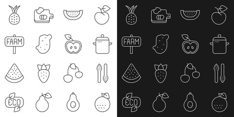 Set line Orange fruit, Asparagus, Cooking pot, Watermelon, Potato, Location farm, Pineapple and Apple icon. Vector
