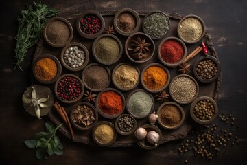 Top view of assorted fragrant spices laid out in bowls on the table.