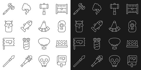 Set line Viking book, King crown, Magic rune, Battle hammer, Fish, head, Medieval poleaxe and Hunting horn icon. Vector
