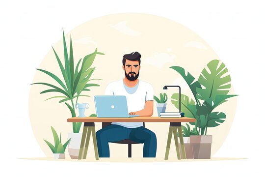Businessman working on laptop computer at desk. Work from home. cartoon Flat illustration. generative ai