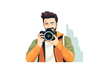 Male photographer takes a photo using a camera SLR. Flat illustration of young man character and photography isolated on white background. generative ai - obrazy, fototapety, plakaty