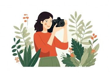 Young female cameraman holding camera taking picture. take a photo. generative ai