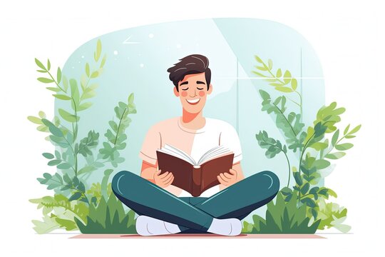 Young man character reading a book. Person reading. Literature. Learning and education. Flat vector illustration isolated on white background. generative ai