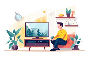 Man watching tv at home. flat illustration isolated on white background. generative ai